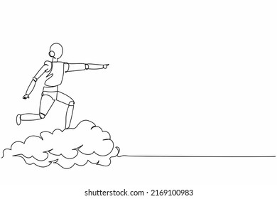 Single Continuous Line Drawing Robot Riding Cloud On The Sky, Pointing Forward, Go To Future Innovation. Robotic Artificial Intelligence. Electronic Technology Industry. One Line Graphic Design Vector