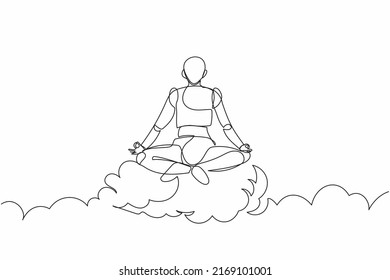 Single continuous line drawing robot meditates and resting in yoga position on clouds. Modern robotic artificial intelligence. Electronic technology industry. One line draw design vector illustration