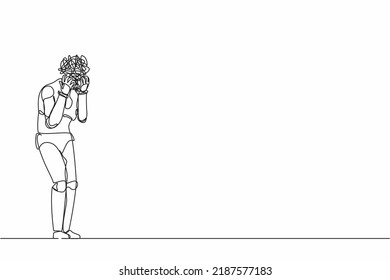 Single continuous line drawing robot with round scribbles instead of head. Distressed robot hand on head, overwork or deadline, suffer headache. Future technology. One line design vector illustration