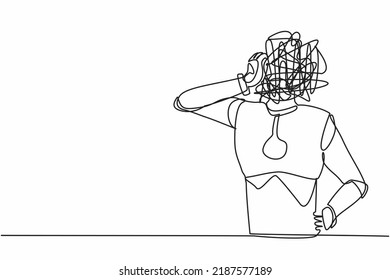 Single continuous line drawing robot with round scribbles instead of head. Doubting robot. Memory, searching and thinking. Robotic artificial intelligence. One line graphic design vector illustration