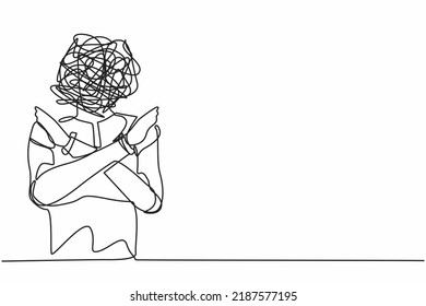 Single continuous line drawing robot with round scribbles instead of ahead, making x symbol, crossing hands, rejection, displeased. Robotic artificial intelligence. One line design vector illustration