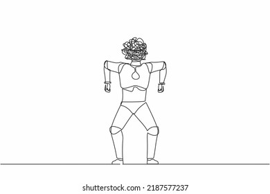 Single continuous line drawing robot with round scribbles instead of head. Emotional robot in rage. Feeling anger. Future technology. Artificial intelligence. One line draw design vector illustration