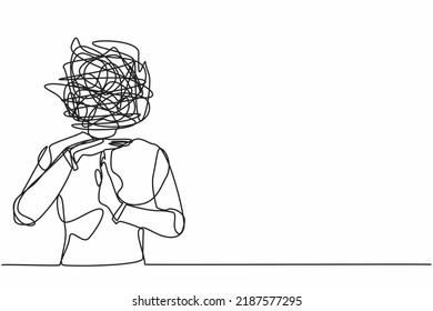 Single continuous line drawing robot with round scribbles instead of head. Stop working, time break gesture, timeout signal. Pause. Robotic artificial intelligence. One line design vector illustration