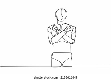 Single continuous line drawing robot standing with fist clenched, arm crossed gesture. Robotic artificial intelligence. Electronic technology industry. One line draw graphic design vector illustration