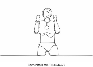 Single continuous line drawing robot standing with both hands do gesture yes, celebrate success of company project. Modern robotic artificial intelligence. One line graphic design vector illustration