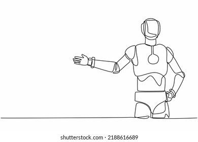 Single continuous line drawing robot standing with showing something or presenting project. Robotic artificial intelligence. Electronic technology industry. One line graphic design vector illustration