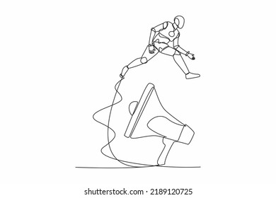 Single continuous line drawing robot jumping over big megaphone. Loudspeaker technology. Announcement, advertising. Modern robotic artificial intelligence. One line graphic design vector illustration