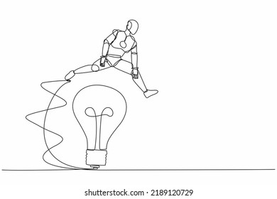 Single continuous line drawing robot jumping over big light bulb. Innovation transformation technology. Robotic artificial intelligence. Technology industry. One line draw design vector illustration