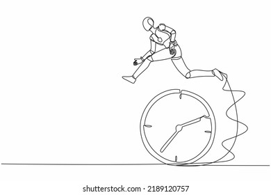 Single continuous line drawing robot jumping over clock. Time management, scheduling. Work effectiveness. Robotic artificial intelligence. Technology industry. One line draw design vector illustration