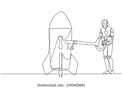 Single Continuous Line Drawing Robot Putting Key Into Rocket. Launching New Tech Business Product. Restart Business Project. Robotic Artificial Intelligence. One Line Draw Design Vector Illustration