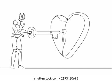 Single continuous line drawing robot putting key into heart. Humanoid robot try to unlock heart icon. Metaphor love. Robotic artificial intelligence. One line draw graphic design vector illustration