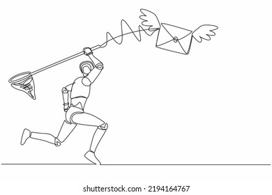 Single continuous line drawing robot try to catching flying mail with butterfly net. Not read incoming message from office. Robotic artificial intelligence. One line graphic design vector illustration