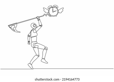 Single continuous line drawing robot try to catching flying alarm clock with butterfly net. Robot working with deadlines, out of time. Artificial intelligence. One line draw design vector illustration