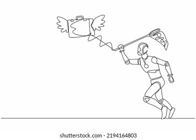 Single continuous line drawing robot try to catch flying briefcase with butterfly net. High performance tech company. Robotic artificial intelligence. One line draw graphic design vector illustration