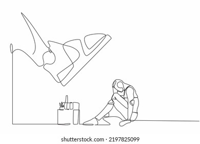 Single continuous line drawing robot sitting on the floor near office supplies under big foot stomp. Unemployment, dismissal. Robotic artificial intelligence. One line draw design vector illustration