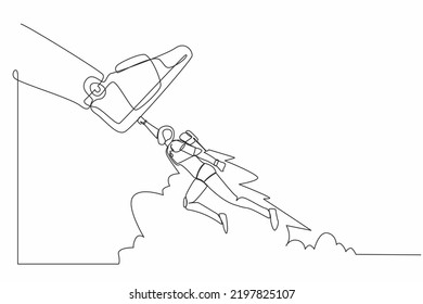 Single continuous line drawing robot flying with jetpack against giant shoes stomping. Robot fly up against giant foot step. Robotic artificial intelligence. One line draw design vector illustration