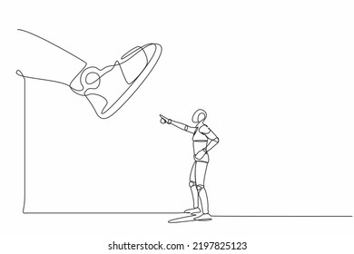 Single continuous line drawing robot facing against giant shoes stomping. Robot pointing against giant foot step. Modern robotic artificial intelligence. One line graphic design vector illustration