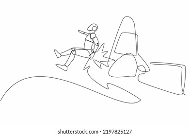 Single continuous line drawing robot getting fired, flying through air after being kicked in the back. Modern robotic artificial intelligence. Dynamic one line draw graphic design vector illustration