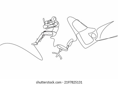 Single continuous line drawing robot kicked out of work with office supplies. Tech reduction. Robotic artificial intelligence. Electronic technology industry. One line draw design vector illustration