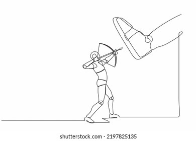 Single continuous line drawing robot aiming bow against giant shoes stomping. Robot archering against giant foot step. Robotic artificial intelligence. One line draw graphic design vector illustration