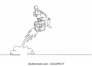 Single continuous line drawing robot riding treasure chest rocket flying in sky. Treasure hunting with tech. Future technology development. Artificial intelligence. One line design vector illustration