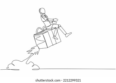 Single continuous line drawing robot riding gift box rocket flying in sky. Fast shipping or delivery. Future technology development. Artificial intelligence. One line draw design vector illustration