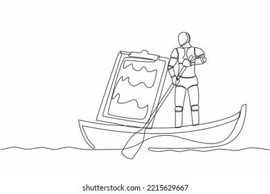 Single continuous line drawing robot sailing away on boat with clipboard. Shipping documents. Future technology development. Artificial intelligence. One line draw graphic design vector illustration