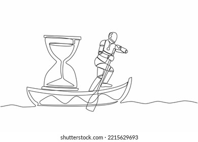 Single continuous line drawing robot sailing away on boat with hourglass. Business deadline in factory project. Future technology development process. One line draw graphic design vector illustration