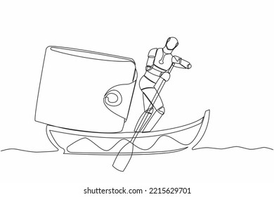 Single continuous line drawing robot sailing away on boat with purse. Money management in tech company. Future technology development. Artificial intelligence. One line draw design vector illustration