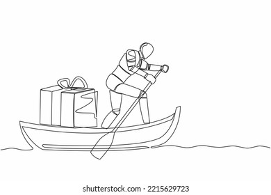 Single continuous line drawing robot sailing away on boat with gift box. Prizes for outstanding tech processing. Future technology. Artificial intelligence. One line graphic design vector illustration