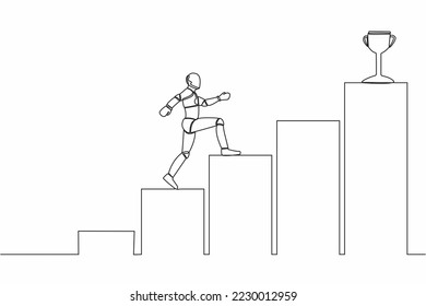 Dibujo de una sola línea continua del robot caminando por una escalera de grafo para obtener trofeo. Manera de lograr el objetivo. Inteligencia artificial robótica. Industria tecnológica. Ilustración vectorial de diseño gráfico de una línea