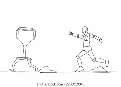 Single continuous line drawing robot trying to catch and running chasing after run away winner trophy. Robotic artificial intelligence. Technology industry. One line graphic design vector illustration