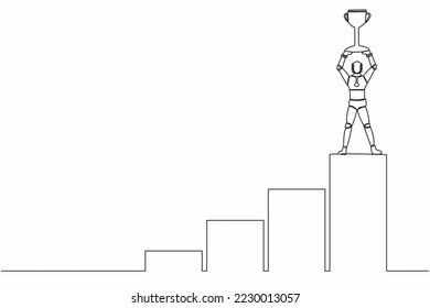 Single continuous line drawing robot climbing graph staircase to reach and lifting up trophy. Robotic artificial intelligence. Electronic technology industry. One line draw design vector illustration