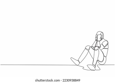 Single continuous line drawing robot cover his face by hands and sitting on the floor. Depression disorder, sad, sorrow. Robotic machine learning process. One line design vector graphic illustration