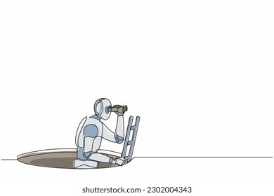 Single continuous line drawing robot climbs out of the hole by ladder and using binocular. Robotics artificial intelligence technology. Electronic technology. One line draw design vector illustration