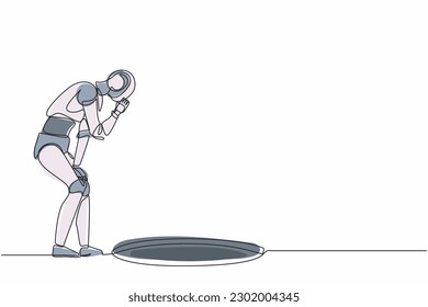 Single continuous line drawing robot scream into pit hole, wondering, looking at hole. Robotics artificial intelligence technology. Electronic technology. One line graphic design vector illustration