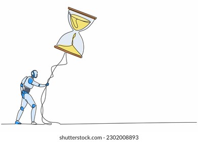 Single continuous line drawing robot holding flying hourglass balloon with rope. Modern robotics artificial intelligence technology. Electronic technology industry. One line draw graphic design vector