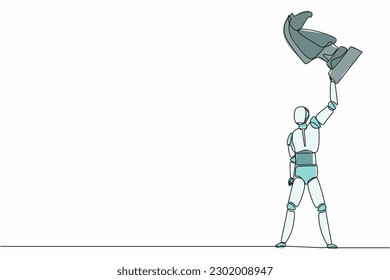 Single continuous line drawing robot lifting up knight chess piece. Modern robotics artificial intelligence technology. Electronic technology industry. One line draw graphic design vector illustration