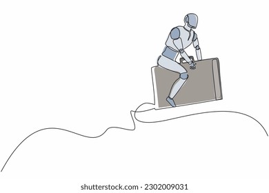 Single continuous line drawing robot riding and flying with briefcase rockets. Humanoid robot cybernetic organism. Future robotics development concept. One line draw graphic design vector illustration