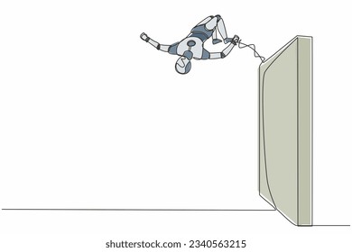 Single continuous line drawing robot jumping over brick wall with acrobatic style. Modern robotic artificial intelligence. Electronic technology industry. One line graphic design vector illustration