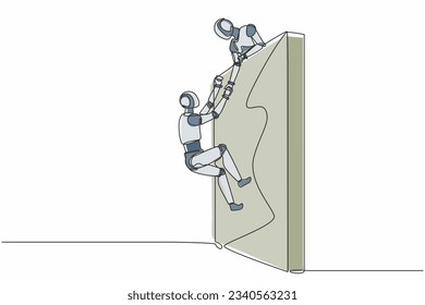 Single continuous line drawing robot helping another robot climb wall. Modern robotic artificial intelligence technology. Electronic technology industry. One line graphic design vector illustration