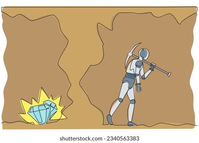 Single continuous line drawing robot gives up digging not knowing diamond is almost revealed. Robotic artificial intelligence. Electronic technology industry. One line draw design vector illustration