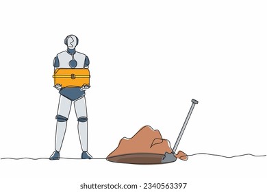 Single continuous line drawing robot standing near digging hole and holding chest treasure. Robotic artificial intelligence. Electronic technology industry. One line draw design vector illustration