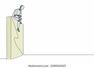 Single continuous line drawing robot sad sitting on wall thinking of profit loss, crisis. Robotic artificial intelligence technology. Electronic technology. One line graphic design vector illustration