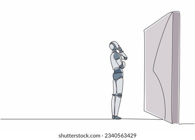 Single continuous line drawing robot thinking in front of big obstacle or wall. Modern robotic artificial intelligence. Electronic technology industry. One line draw graphic design vector illustration