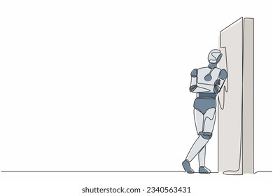 Single continuous line drawing robot standing and lean against wall, thinking something. Robotic artificial intelligence technology. Electronic technology. One line graphic design vector illustration