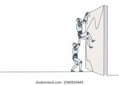 Single continuous line drawing robot helping another robot climb wall. Modern robotic artificial intelligence technology. Electronic technology industry. One line graphic design vector illustration