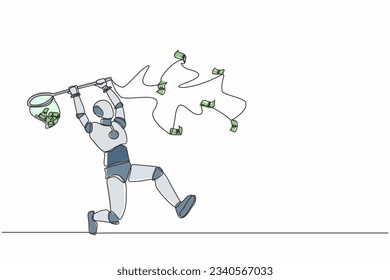 Single continuous line drawing robot trying to catch flying money with butterfly net. Robotic artificial intelligence. Electronic technology industry. One line draw graphic design vector illustration
