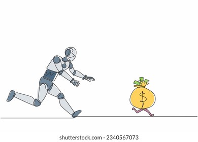 Single continuous line drawing robot chasing money bag dollar run away. Modern robotic artificial intelligence. Electronic technology industry. Dynamic one line draw graphic design vector illustration