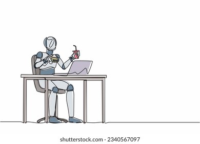 Single continuous line drawing robot eating burger fast food unhealthy lifestyle. Modern robotic artificial intelligence. Electronic technology industry. One line graphic design vector illustration